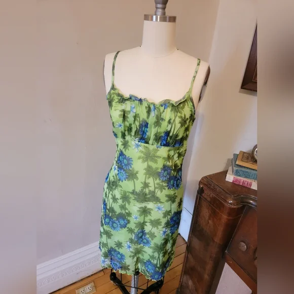 Vintage Y2k Green Tropical Mesh Dress 2000s Millenium Medium - Picture 2 of 7